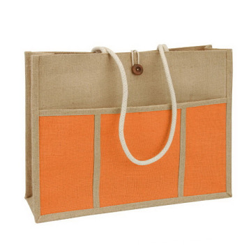 Special Hot Selling Reusable Jute Gift Bag 3 Front Pockets Jute Shopping Bag with Button